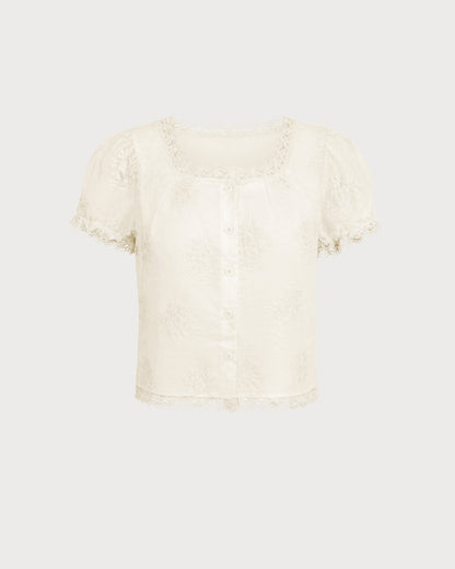 Blusa com decote quadrado, renda e estampa floral — Damasco