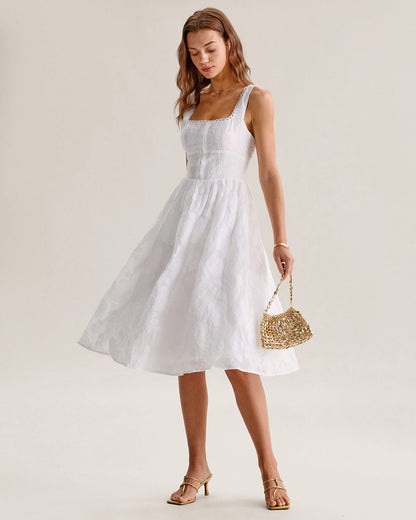 Vestido slip midi em jacquard branco com franzidos