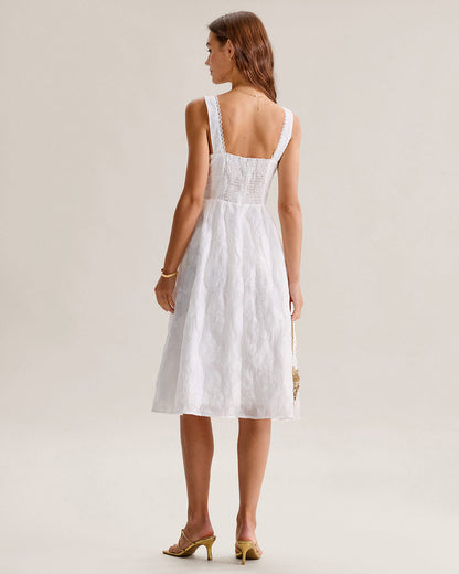 Vestido slip midi em jacquard branco com franzidos