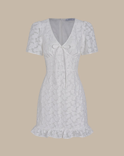 Mini vestido jacquard branco com decote em V