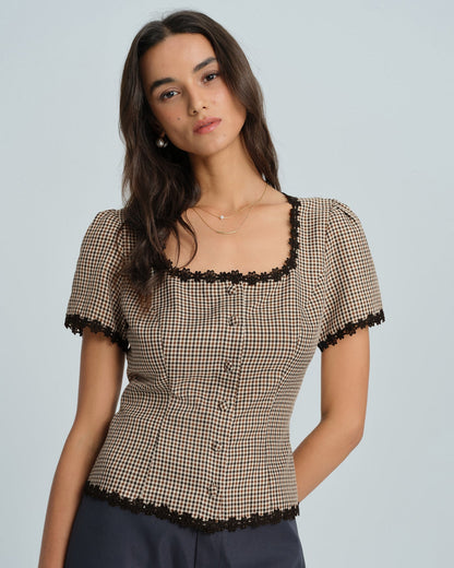 Blusa Xadrez com Decote Quadrado — Café
