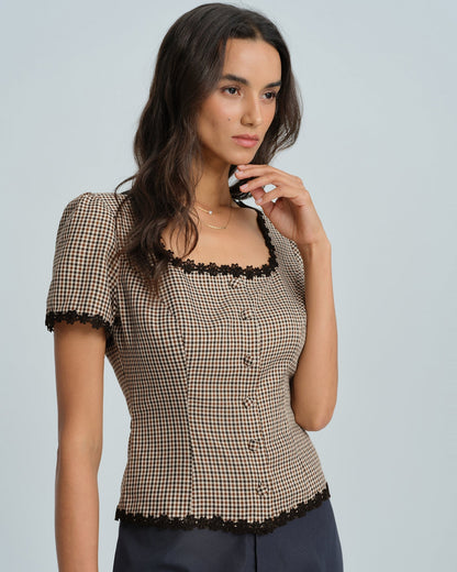 Blusa Xadrez com Decote Quadrado — Café