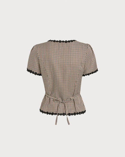 Blusa Xadrez com Decote Quadrado — Café