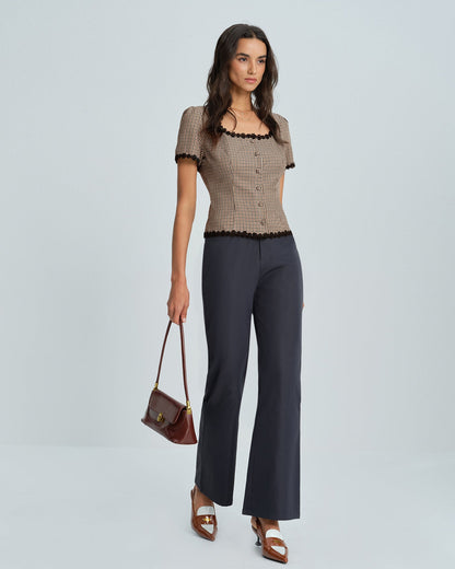 Blusa Xadrez com Decote Quadrado — Café