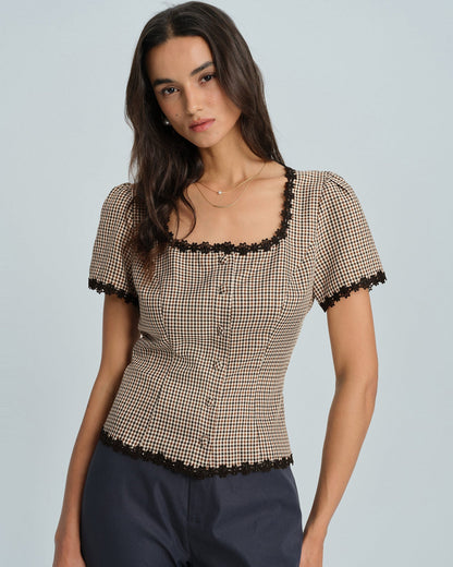 Blusa Xadrez com Decote Quadrado — Café