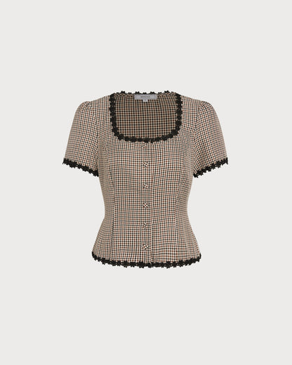 Blusa Xadrez com Decote Quadrado — Café