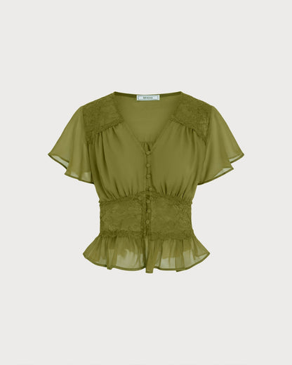 Blusa verde com decote em V e franzidos
