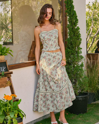 Top cami floral com decote coração — Verde