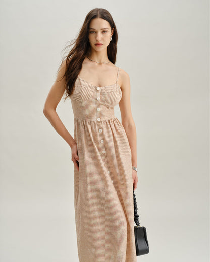 Vestido longo estilo slip listrado laranja com decote coração