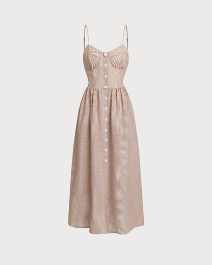 Vestido longo estilo slip listrado laranja com decote coração