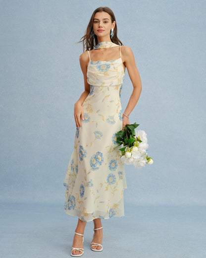 Vestido longo floral em chiffon bege com amarração