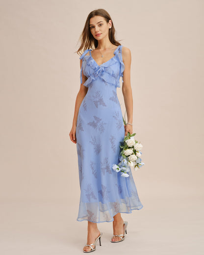 Vestido longo floral azul com babados e alças de amarrar