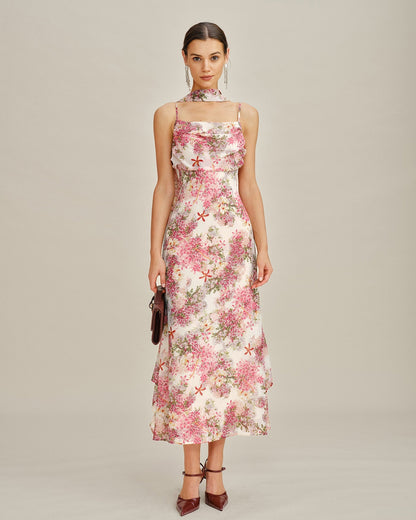 Vestido longo slip em chiffon floral rosa