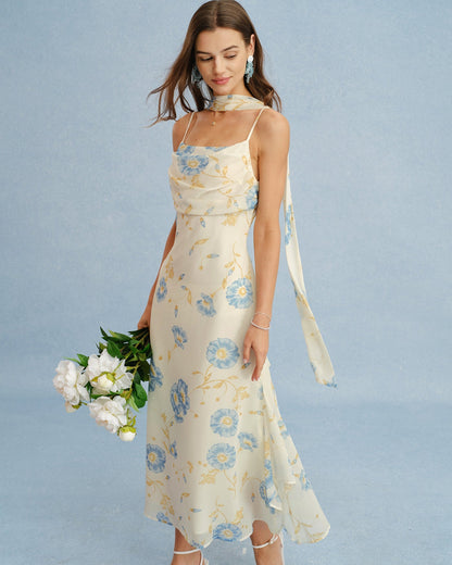Vestido longo floral em chiffon bege com amarração