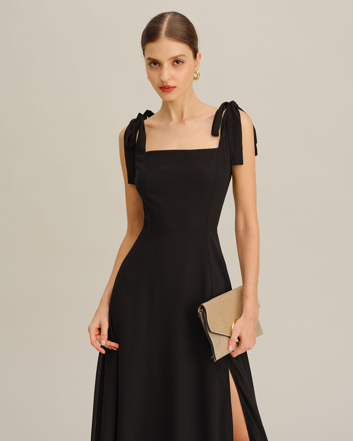 Vestido Maxi de Chiffon com Alças de Amarrar — Preto