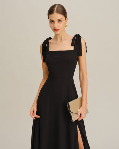 Vestido Maxi de Chiffon com Alças de Amarrar — Preto