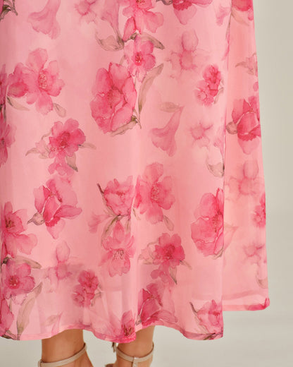 Vestido Longo Estilo Slip em Chiffon Rosa Floral com Babados