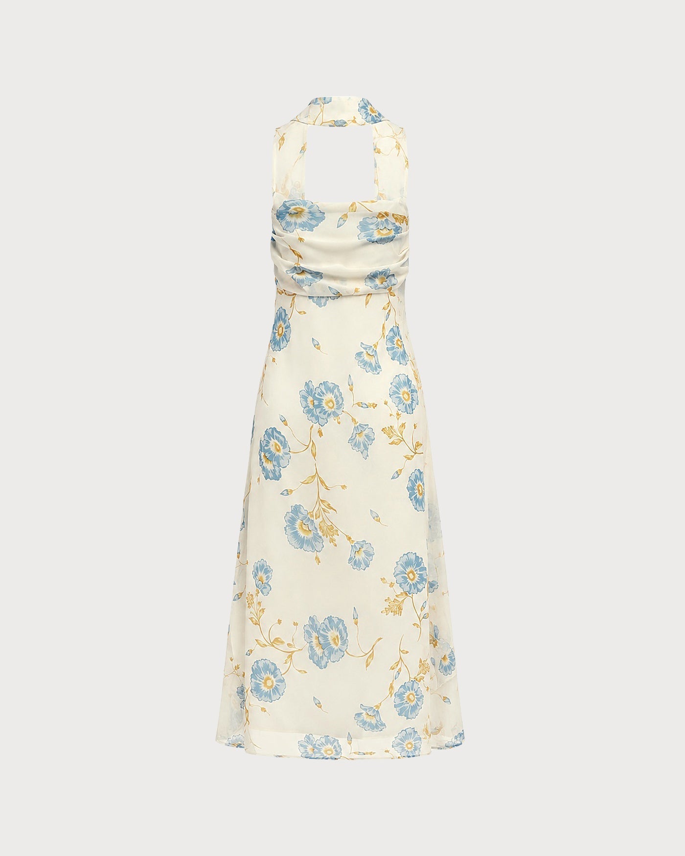 Vestido longo floral em chiffon bege com amarração