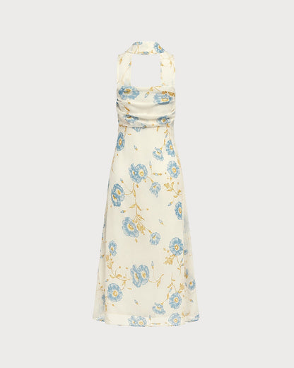 Vestido longo floral em chiffon bege com amarração