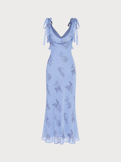 Vestido longo floral azul com babados e alças de amarrar