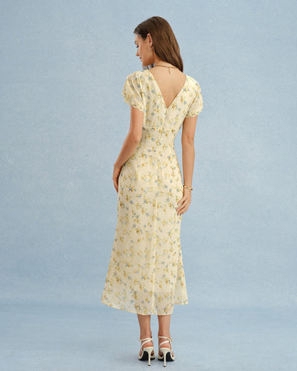 Vestido Longo Floral de Renda com Decote em V — Amarelo