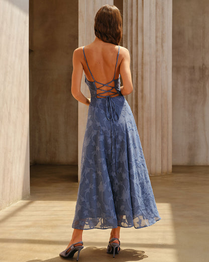 Vestido slip maxi em jacquard azul com franzidos