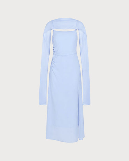 Vestido longo em chiffon azul com decote drapeado e alças