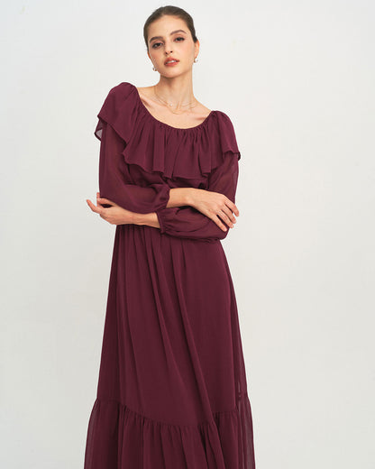 Vestido Longo Vinho com Babados e Decote Canoa