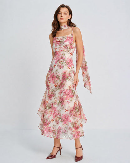 Vestido longo slip em chiffon floral rosa