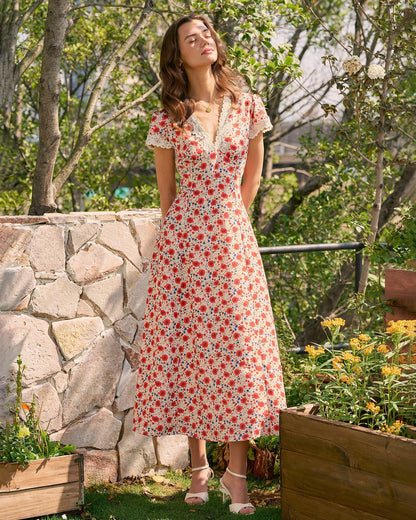 Vestido Longo Floral em Renda com Decote em V — Vermelho