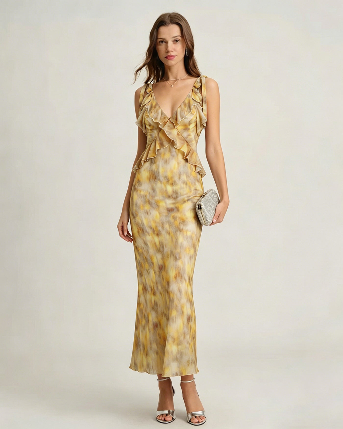Vestido slip longo com babados — Amarelo