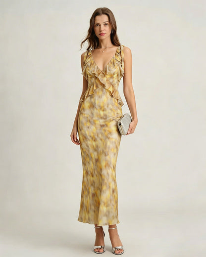 Vestido slip longo com babados — Amarelo