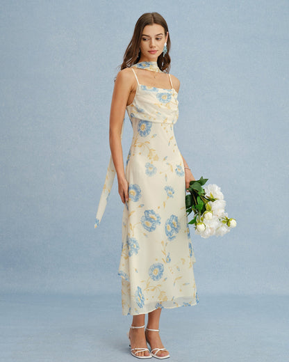 Vestido longo floral em chiffon bege com amarração