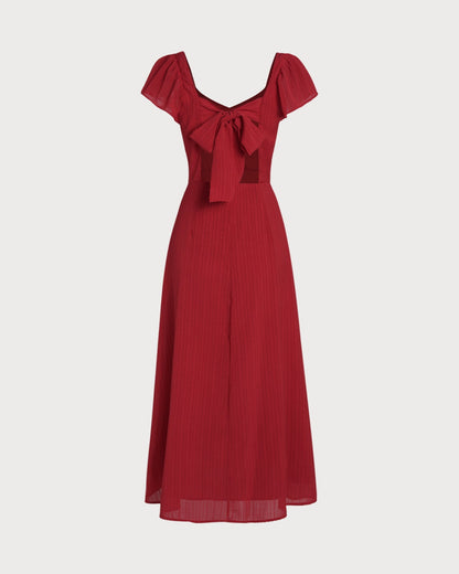 Vestido longo em jacquard com decote coração — Vermelho