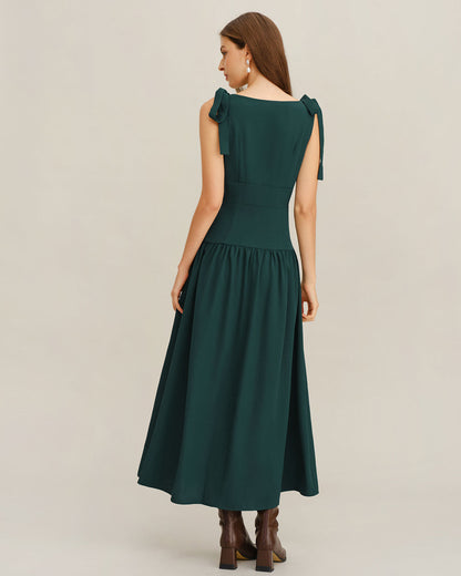 Vestido longo evasê sem mangas com franzido — Verde
