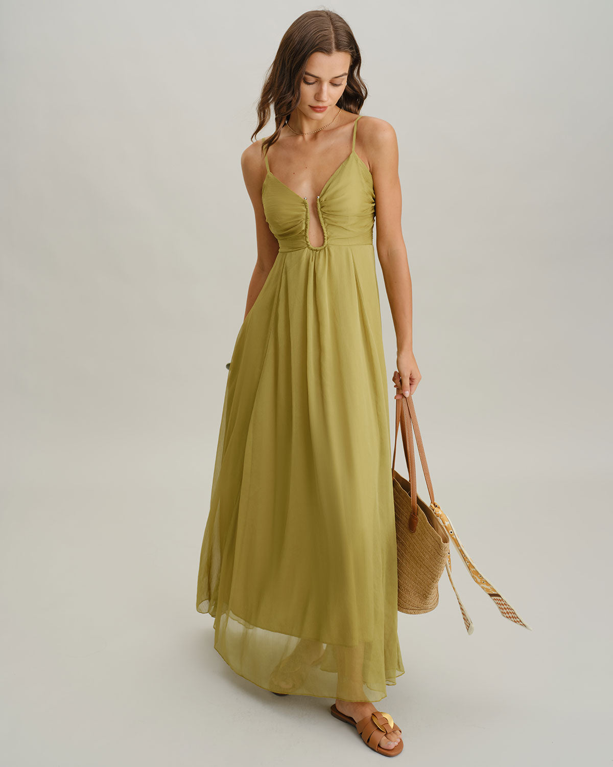 Vestido slip longo com franzidos — Verde