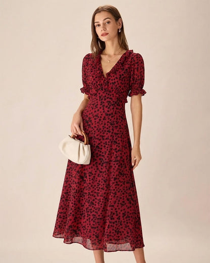 Vestido longo floral vermelho com decote em V