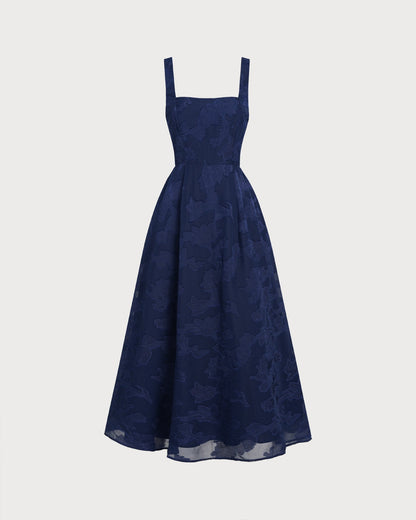 Vestido longo estilo slip em jacquard azul-marinho