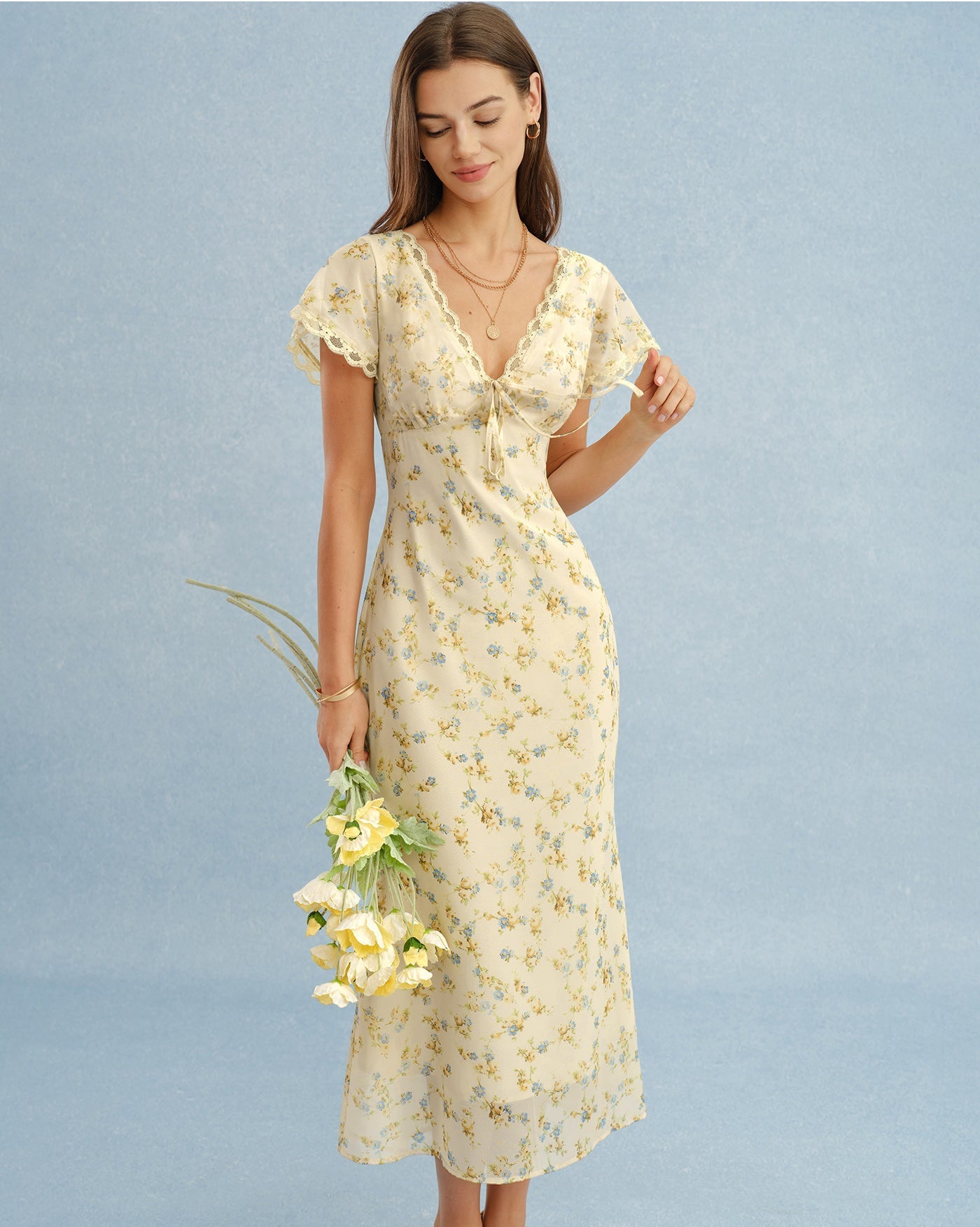 Vestido Longo Floral de Renda com Decote em V — Amarelo