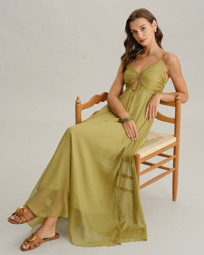 Vestido slip longo com franzidos — Verde