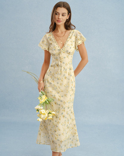 Vestido Longo Floral de Renda com Decote em V — Amarelo