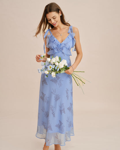 Vestido longo floral azul com babados e alças de amarrar