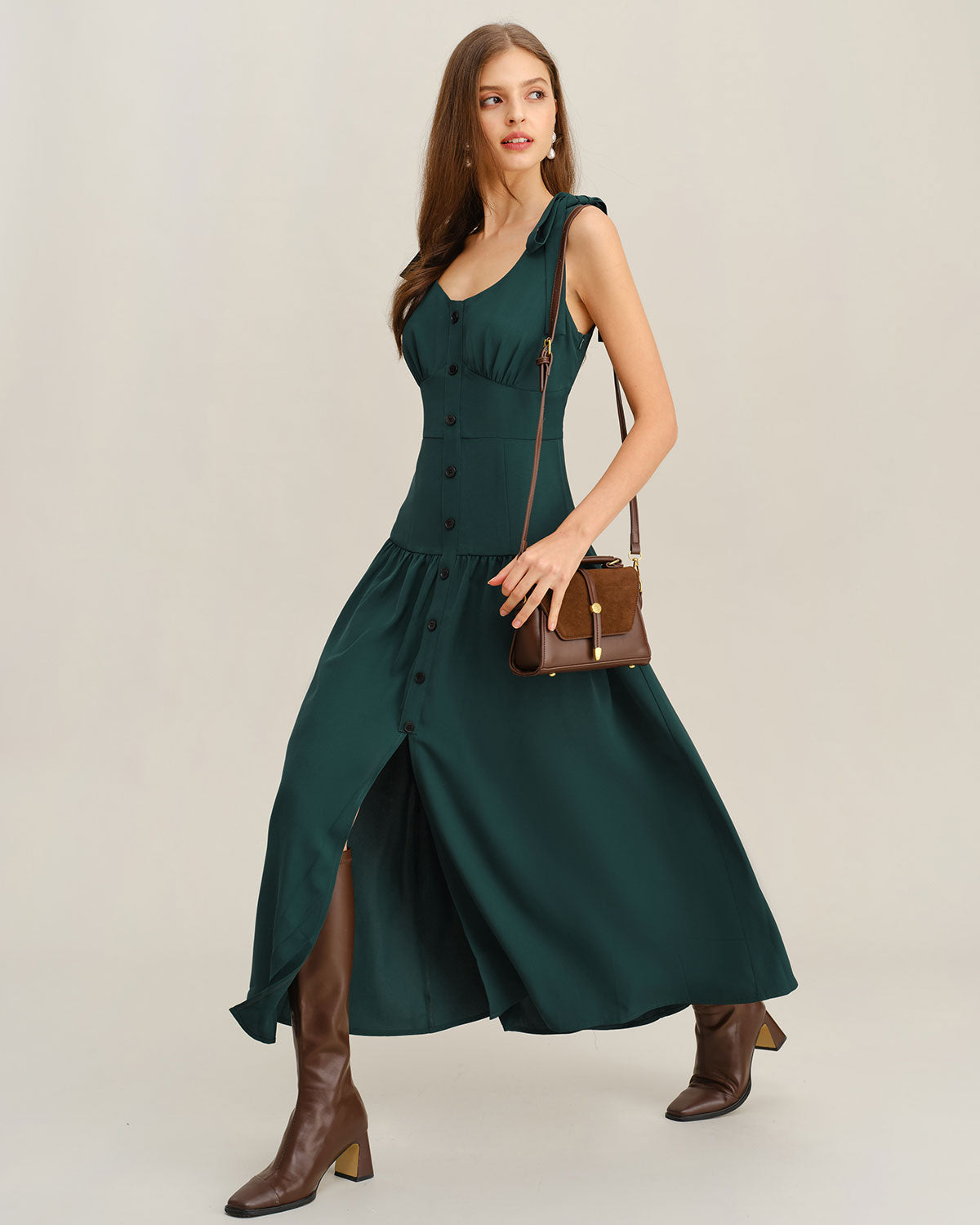 Vestido longo evasê sem mangas com franzido — Verde