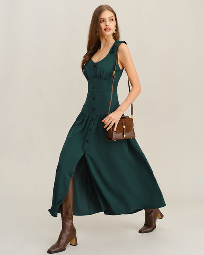 Vestido longo evasê sem mangas com franzido — Verde