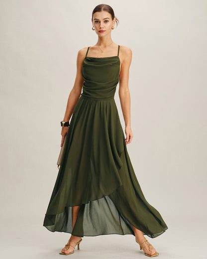 Vestido maxi slip em chiffon verde, corte em A