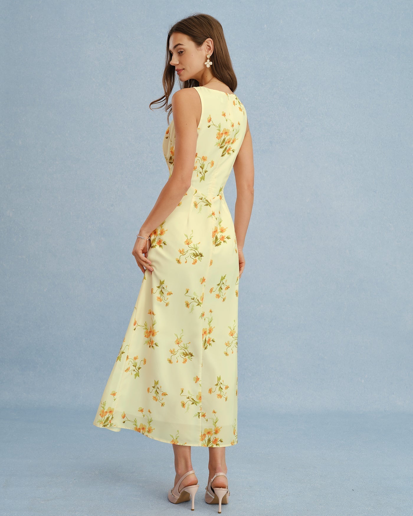 Vestido maxi de chiffon floral com decote em V — Amarelo