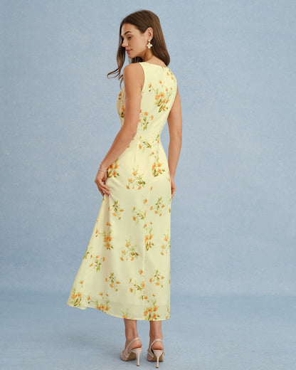 Vestido maxi de chiffon floral com decote em V — Amarelo