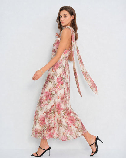 Vestido longo slip em chiffon floral rosa