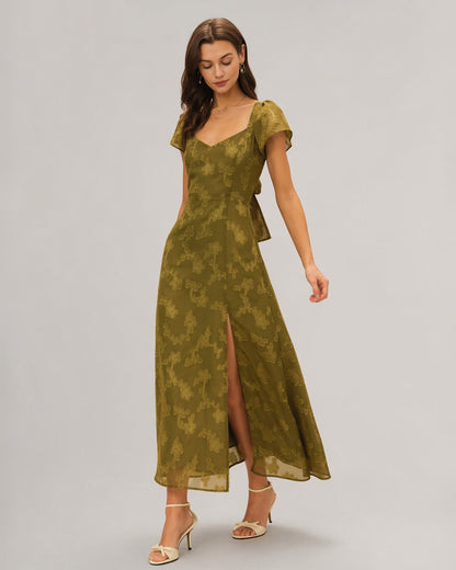 Vestido longo em jacquard com decote coração — Verde