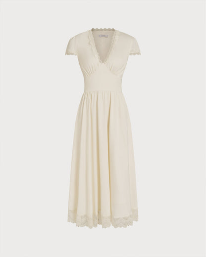 Vestido longo em renda com decote em V — Damasco